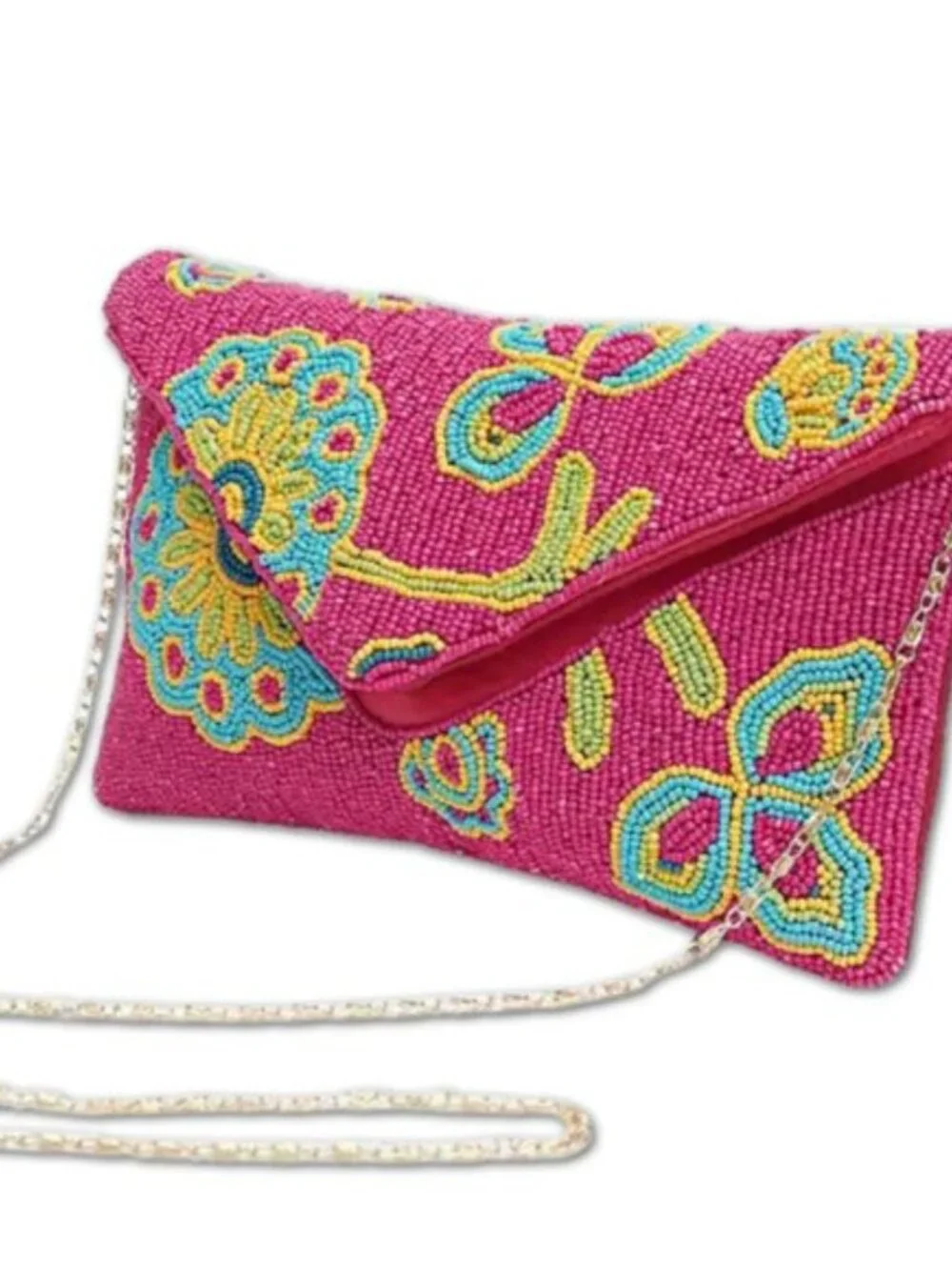 Spring Fling Floral Seed Beaded Fuchsia Pink Crossbody Clutch Handbag Bag NEW